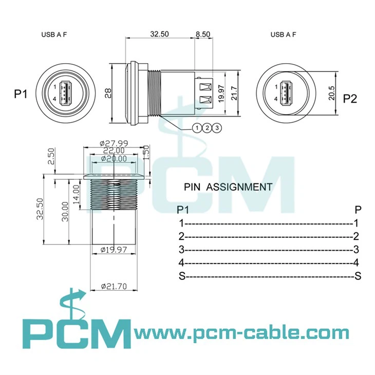 drawing cutout size usb 2.0 round panel mount adapter